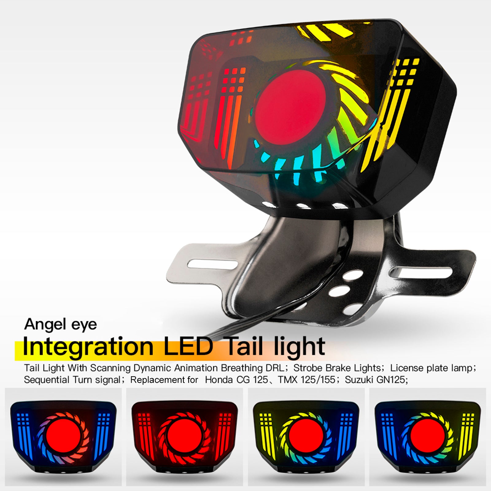 LED Tail Light with Scanning Dynamic Animation Breathing DRL, Motorcycle Strobe Brake Light License Plate Lamp Replacement for Honda CG, CD, CT, PH TMX (Iron Bracket, Blue Running Light)