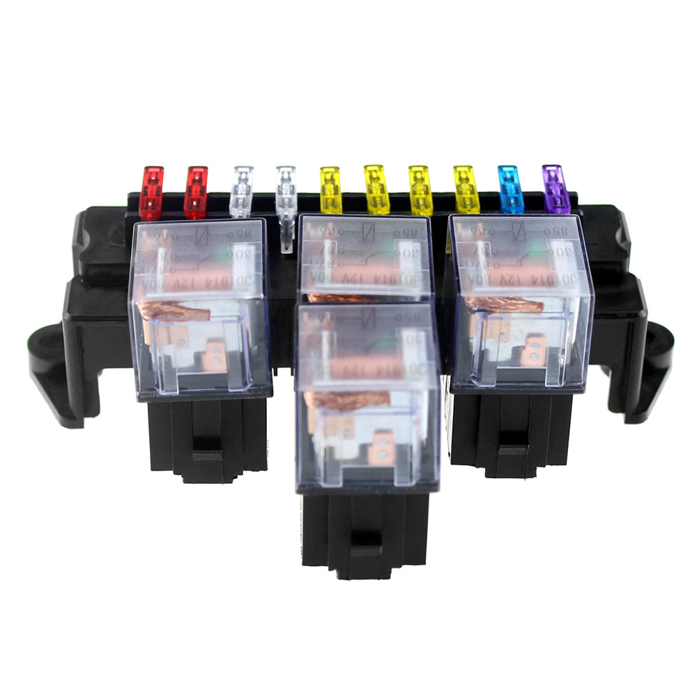 10 Way Fuse Box 5-Pin Socket Base Relay Fuse Holder Block with 13Pcs Standard Blade Fuses Universal for Auto Interior Parts