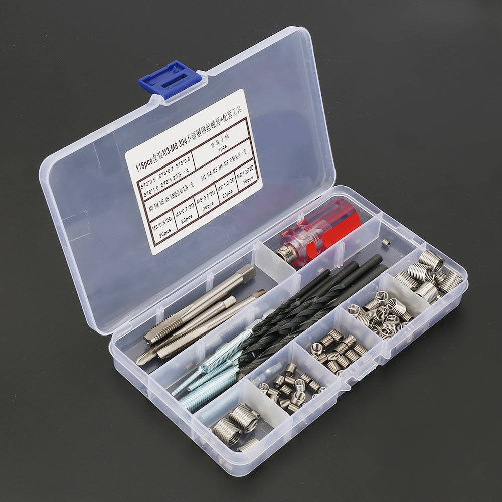 116Pcs/set Stainless Steel Wire Screw Sleeve Thread Repair Insert Kit Tool Set