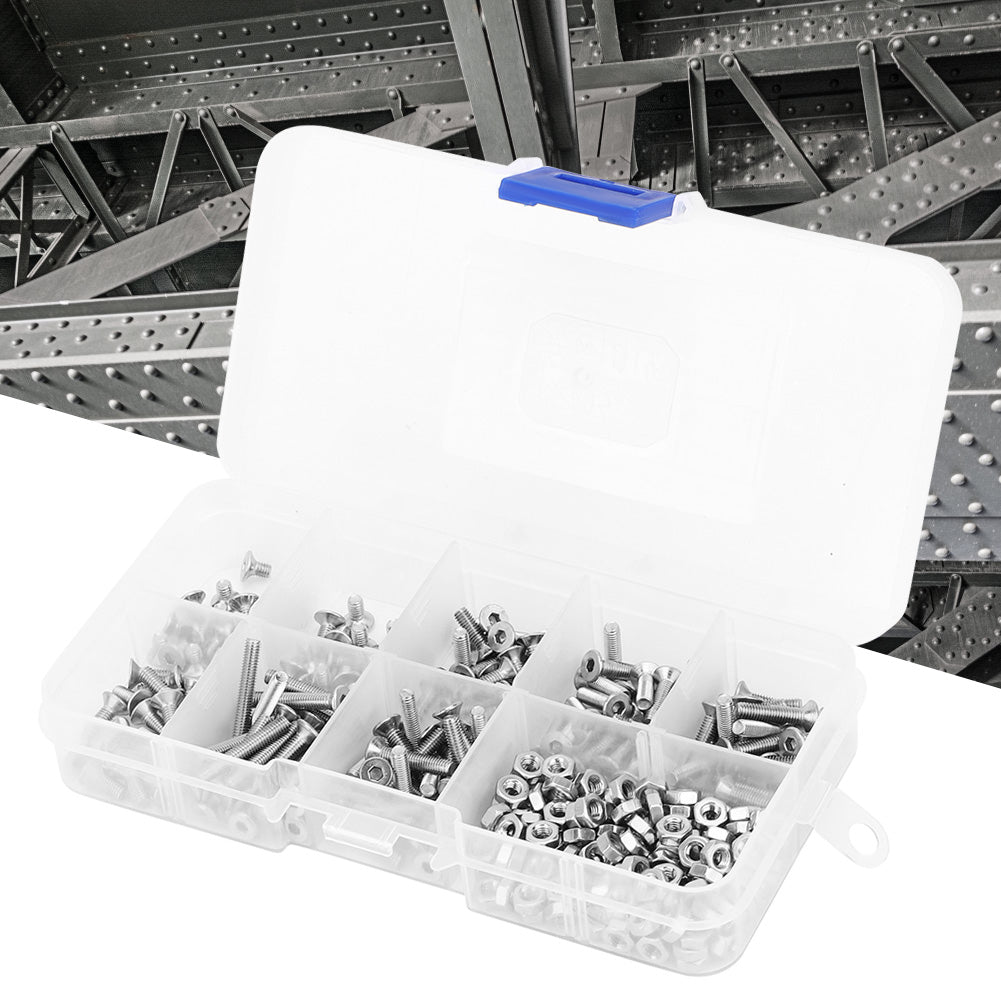 340pcs M3 Hex Socket Flat Head Stainless Steel SS304 Screw Bolt Nut Assortment Set