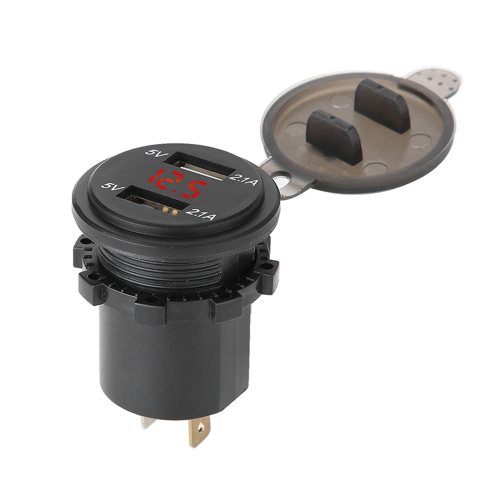 Motorcycle Car Cigar Lighter Dual USB Charger LED Digital Display Voltmeter 12-24V (Red)