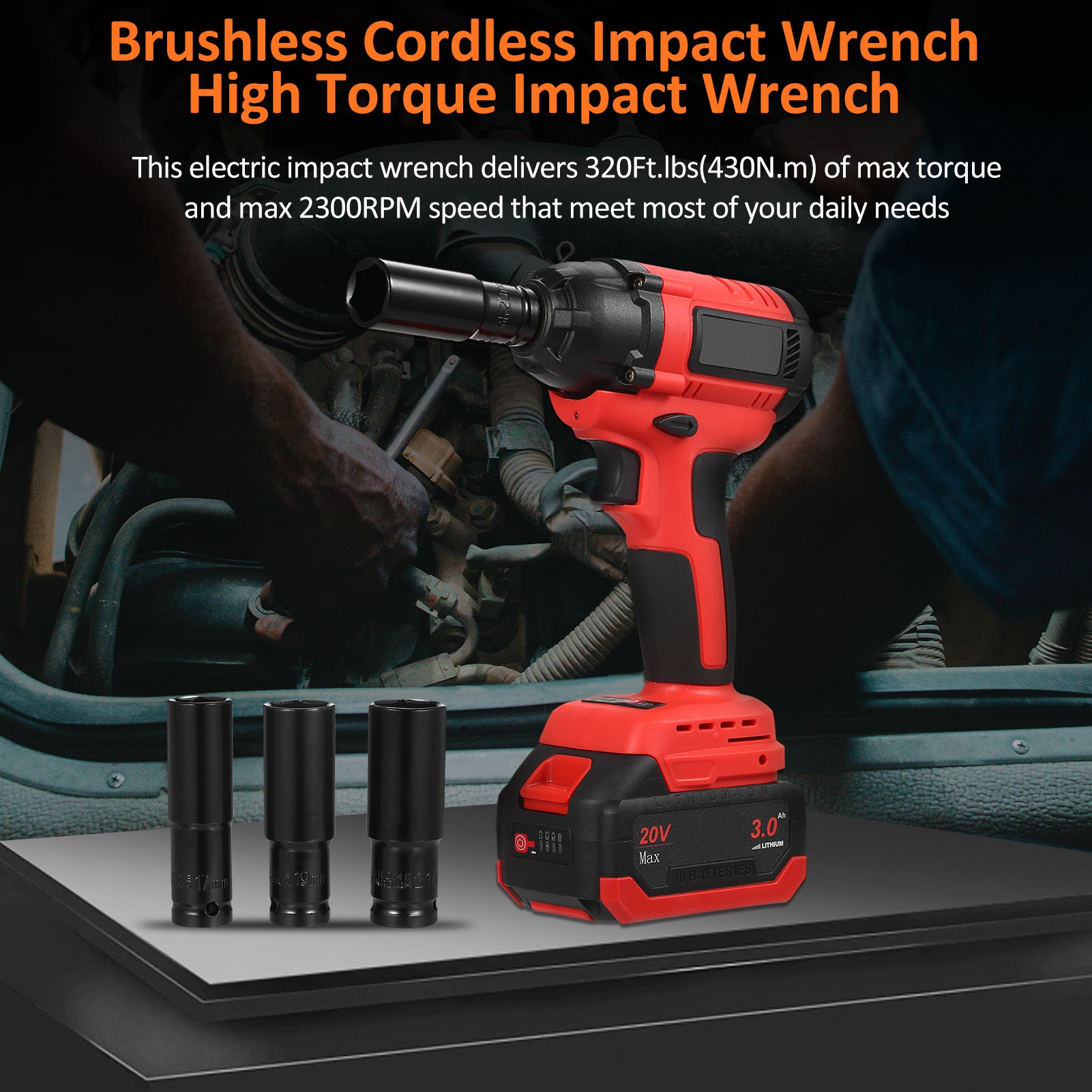 Geevorks Brushless Cordless Impact Wrench 1/2 inch Electric Impact Wrench Brushless Power Impact Wrench Set for Car Tires Max Torque 320 ft-lbs (430N.m) with 3.0A Li-ion Battery 4Pcs Impact Sockets Set & Charger Tool Box