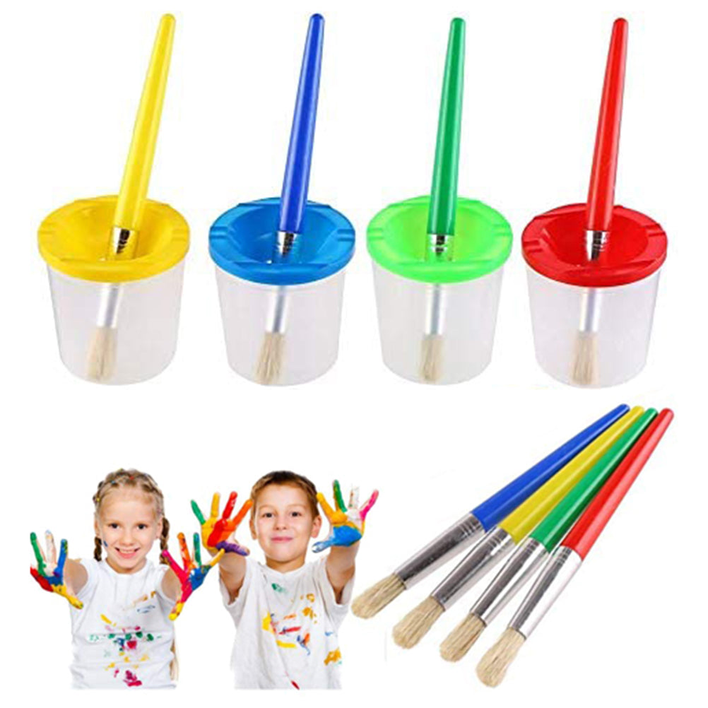 4pcs Paint Brushes and 4pcs No Spill Paint Cups with Lids for Kids Beginners
