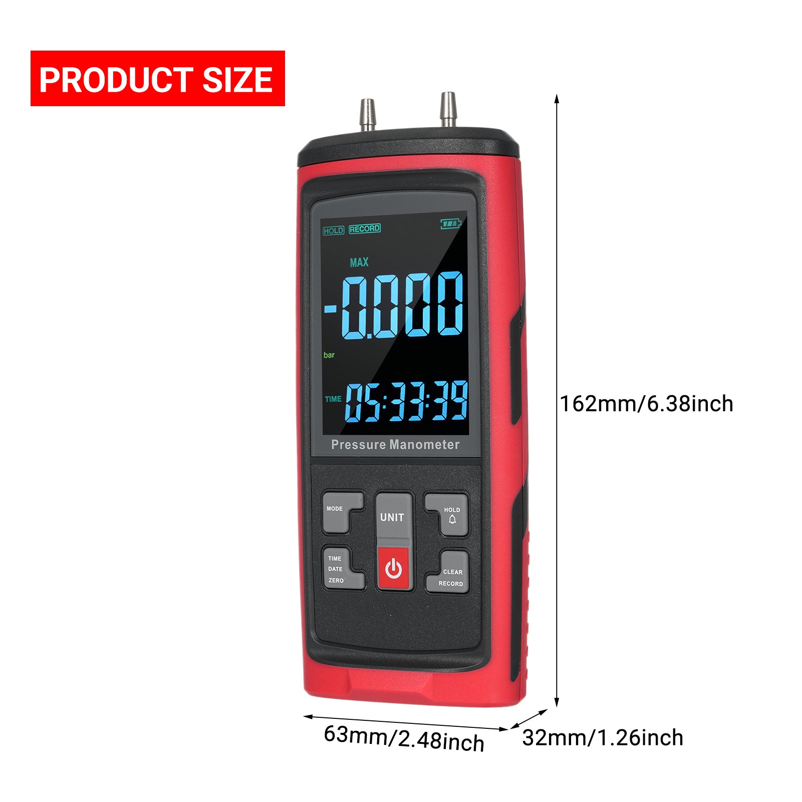 GT5101 Digital Manometer, Dual-Port Manometer Gas Pressure Tester, Handheld Professional Air Pressure Meter, 13 Selectable Units Differential Pressure Gauge, with Large LCD Display