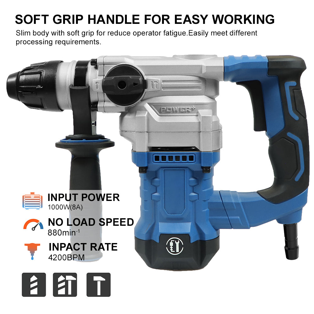8 Amp 1000W  SDS-Plus Rotary Hammer Drill with Vibration Control and Safety Clutch,Heavy Duty Demolition Hammer for Concrete-Including 3Pcs 1-1/4 Inch  Drill Bits,Flat Chisels, Point Chisels Blue US