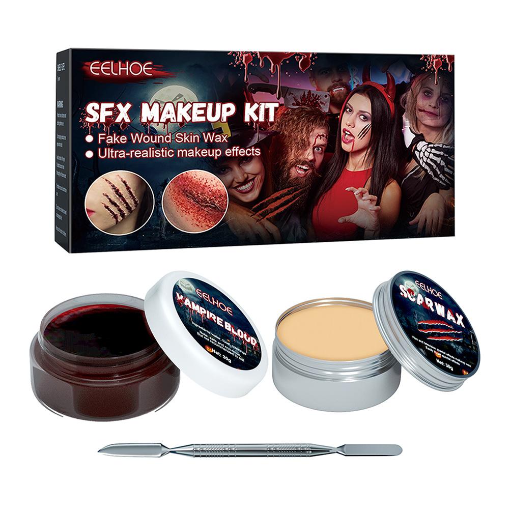 Halloween Scar Wax Fake Blood Gel Kit Makeup Skin Wax Special Effects Halloween Stage Fake Wound Molding Scar with Spatula