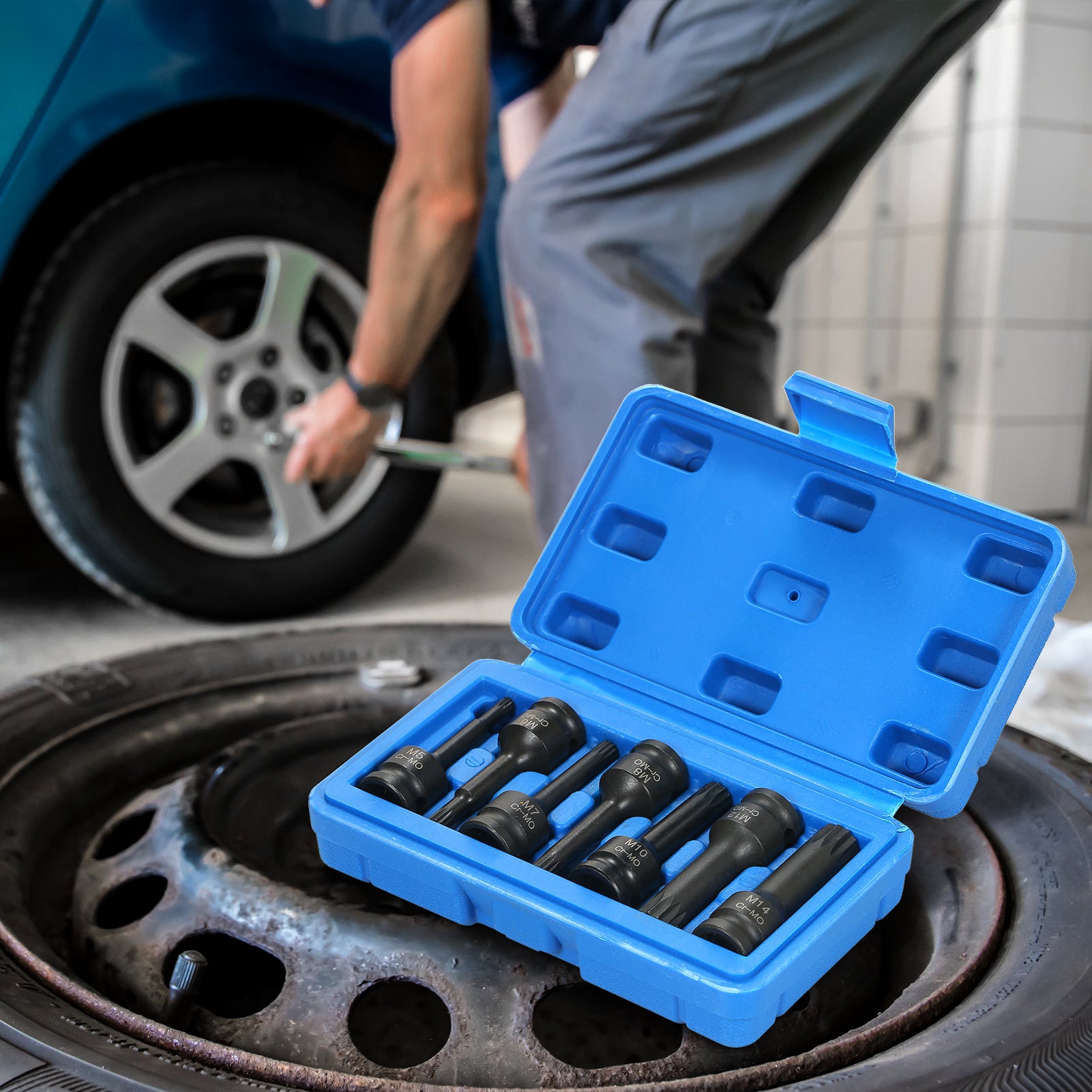 3/8-inch Drive Impact Socket Set 7 Piece Metric Sizes (5mm 6mm 7mm 8mm 10mm 12mm 14mm) XZN Triple Square Spline Bit Cr-Mo Steel Socket Set