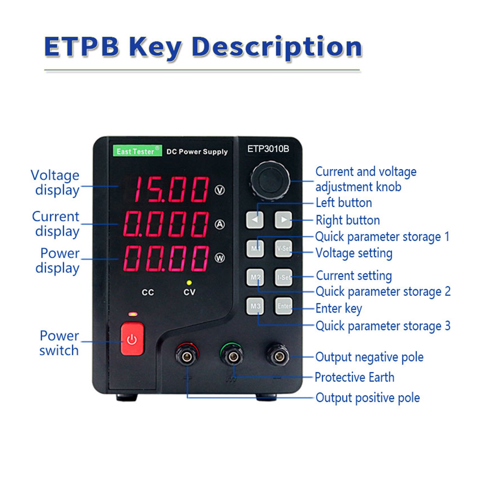 East Tester ETP3010B DC Regulated Power Supply 300W 30V 10A Single Channel DC Regulated Power Supply High Precision Encoder Adjustment Maintenance Storage Remote Control Multifunctional Power Supplys 4 Digits LED Display Regulated Power Supply