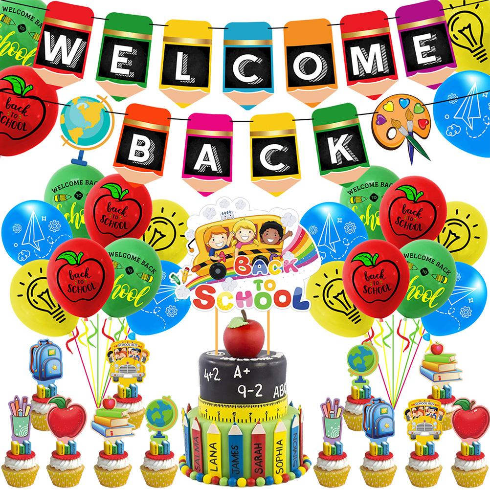Back to School Party Decorations Hanging Banner Balloon Cake Toppers Set for Welcome Back Party Decorations Classroom Decor