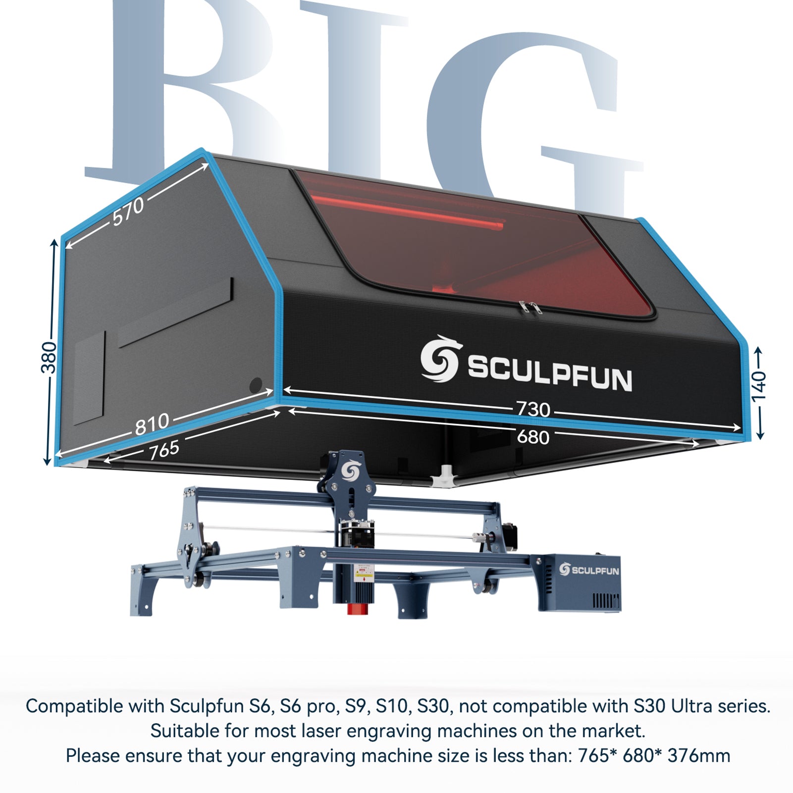 SCULPFUN B1 Laser Engraver Enclosure Smokeproof Fireproof Protective Cover with Powerful Suction Fan Large Size 680x765x380mm  Suitable for Sculpfun S6, S6 pro, S9, S10, S30 Laser Engraving Machine Compatible with ATOMSTACK /XTOOL/ Ortur Most of The Engra